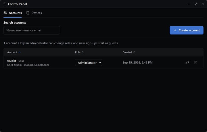VORLAN Control Panel window listing user accounts and roles